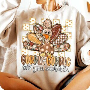 Thanksgiving Gobble Till You Wobble Shirt, Turkey Fall Tee with Faux Glitter 05